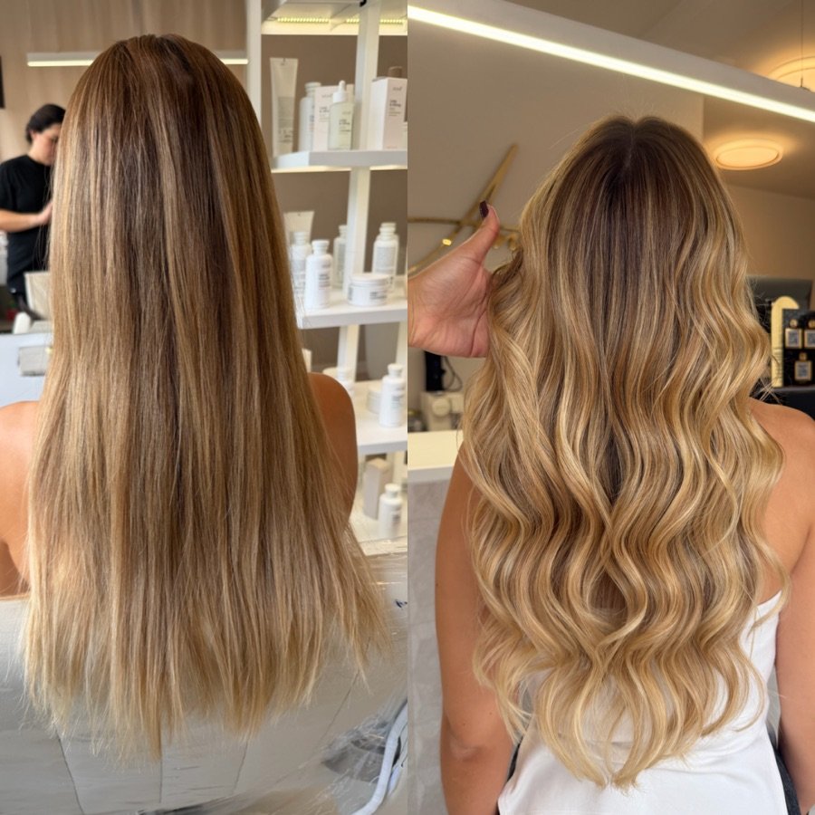 Antes e depois: cabelo comprido liso e sem forma, transformado em loiro dourado com ondas largas e volume